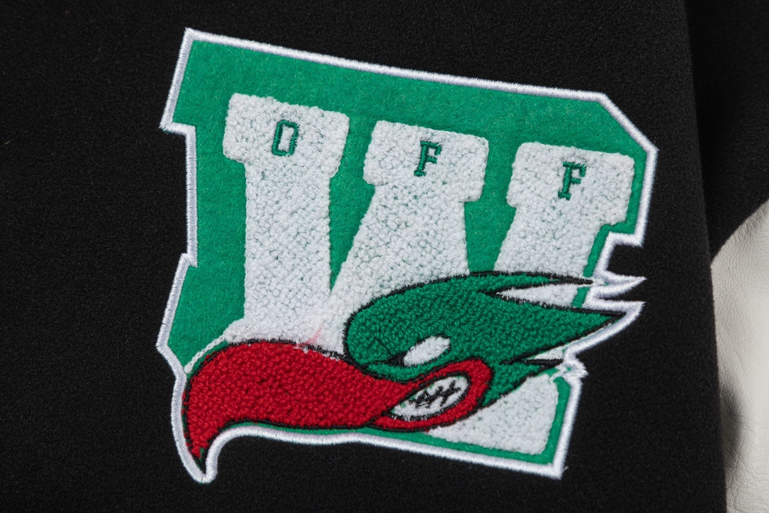 Off-White 2024 Fall/Winter new heavy embroidery patchwork leather varsity jacket in black, unisex 57SFN7QG