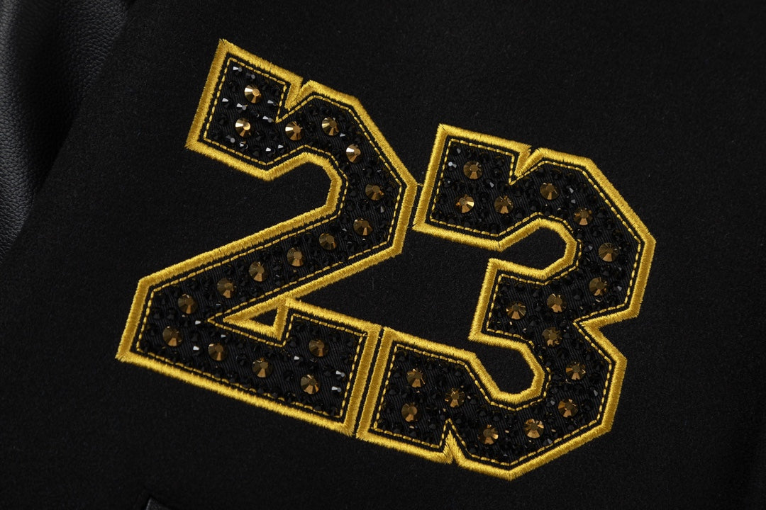 Off-White 2024 Fall/Winter new heavy embroidery rhinestone patchwork leather varsity jacket in black, unisex