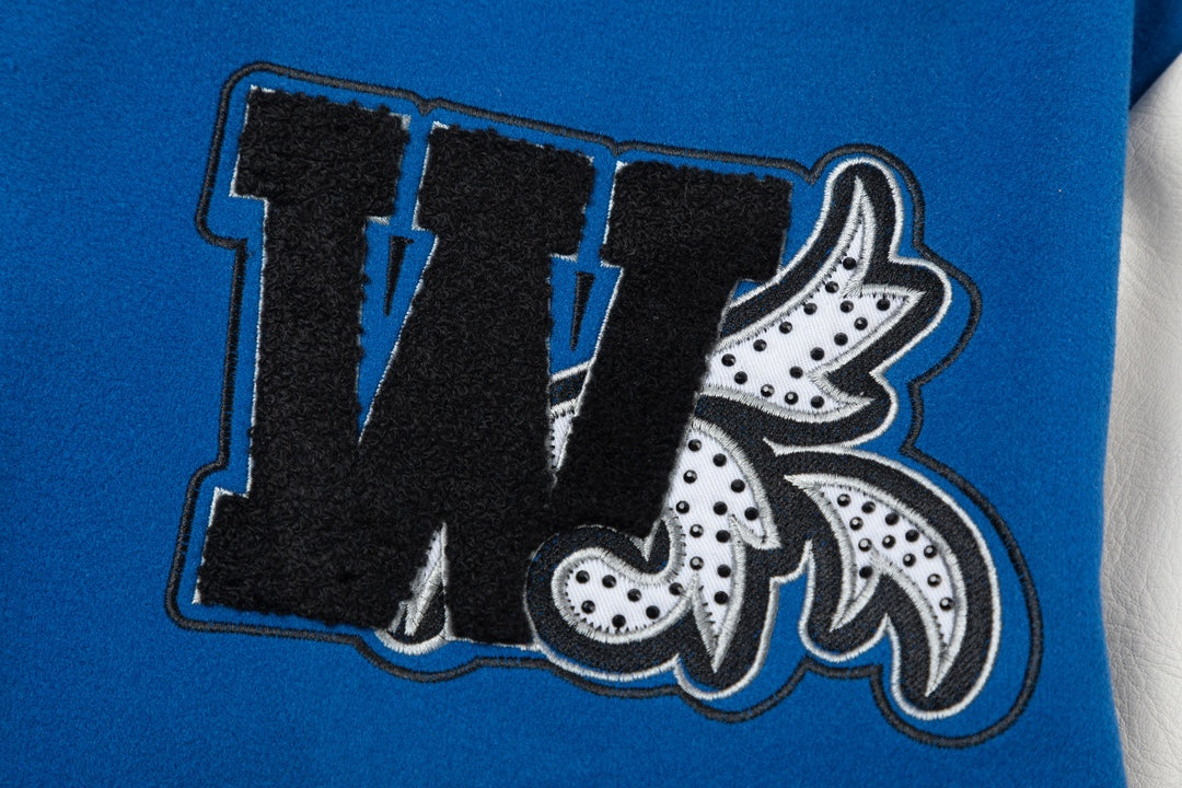 Off-White 2024 Fall/Winter new heavy embroidery rhinestone patchwork leather varsity jacket in blue, unisex