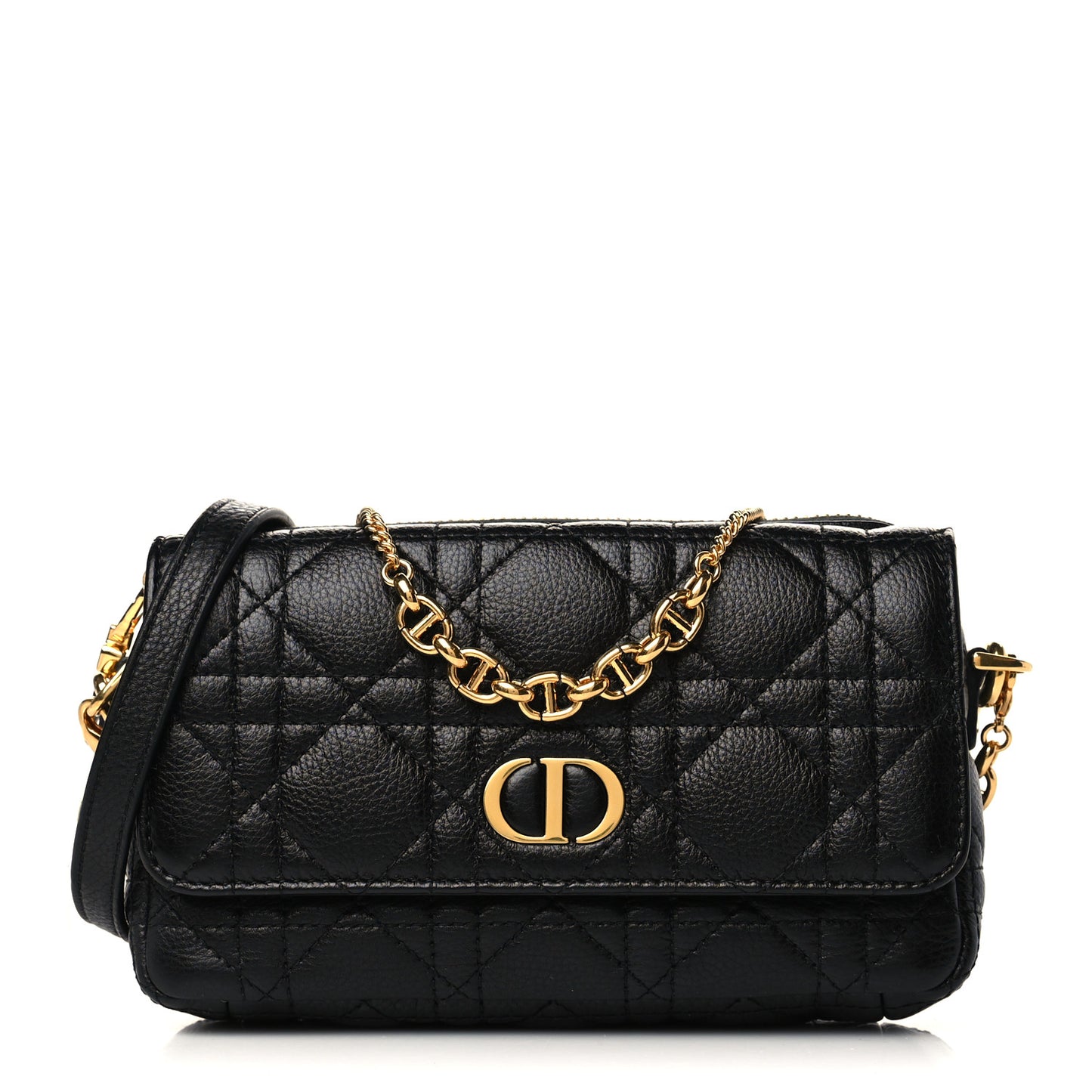 CHRISTIAN DIOR Calfskin Cannage Caro Pouch with Chain Black