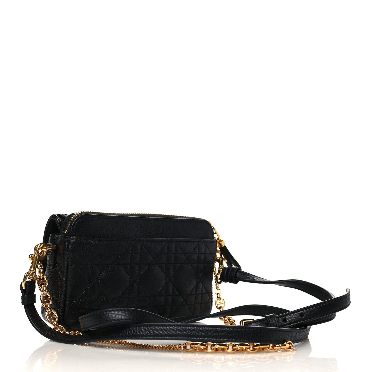 CHRISTIAN DIOR Calfskin Cannage Caro Pouch with Chain Black