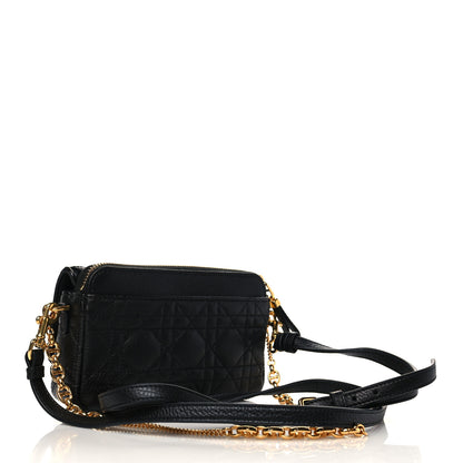 CHRISTIAN DIOR Calfskin Cannage Caro Pouch with Chain Black