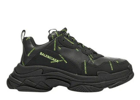 Balenciag* Triple S Sneaker Allover Logo 鈥?Black Fluo Yellow