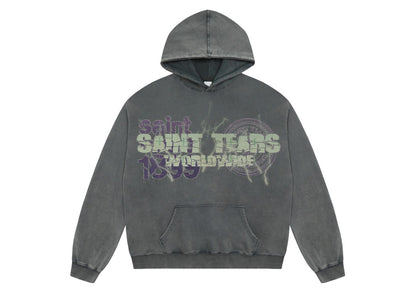 Saint Mich@el tears washed distressed salt-treated 400g heavy-weight vintage terry cloth hoodie in gray