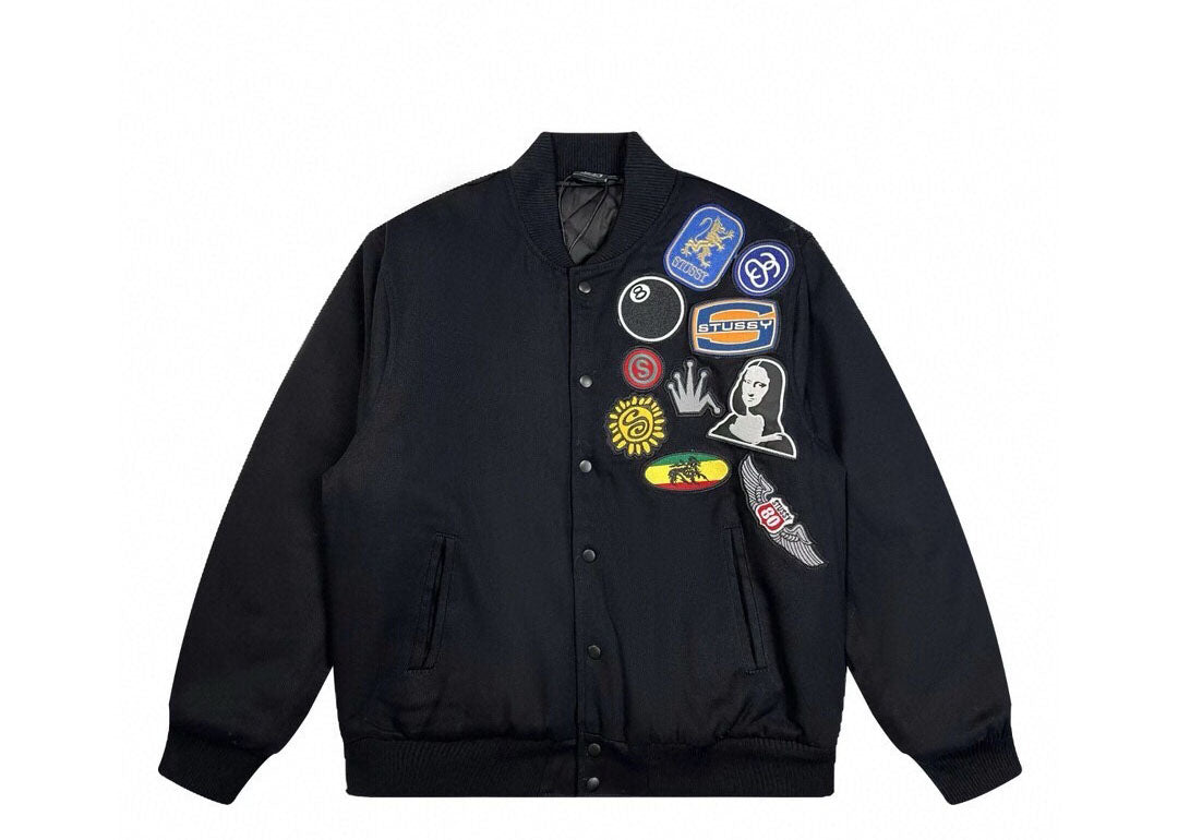 Stussy appliqué graphic print single-breasted logo stand-collar varsity jacket
