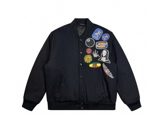 Stussy appliqué graphic print single-breasted logo stand-collar varsity jacket