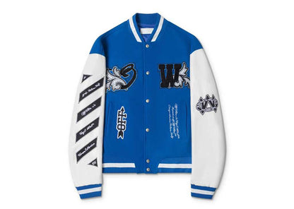 Off-White 2024 Fall/Winter new heavy embroidery rhinestone patchwork leather varsity jacket in blue, unisex