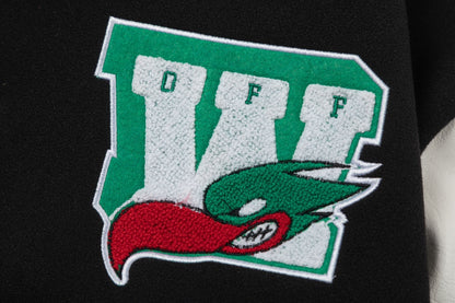 Off-White 2024 Fall/Winter new heavy embroidery patchwork leather varsity jacket in black, unisex 57SFN7QG