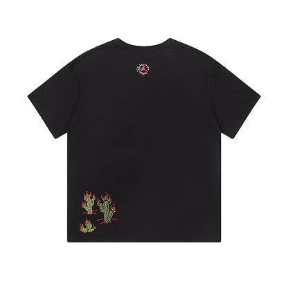 Travis Scott Flame printing water drill round collar and short sleeves