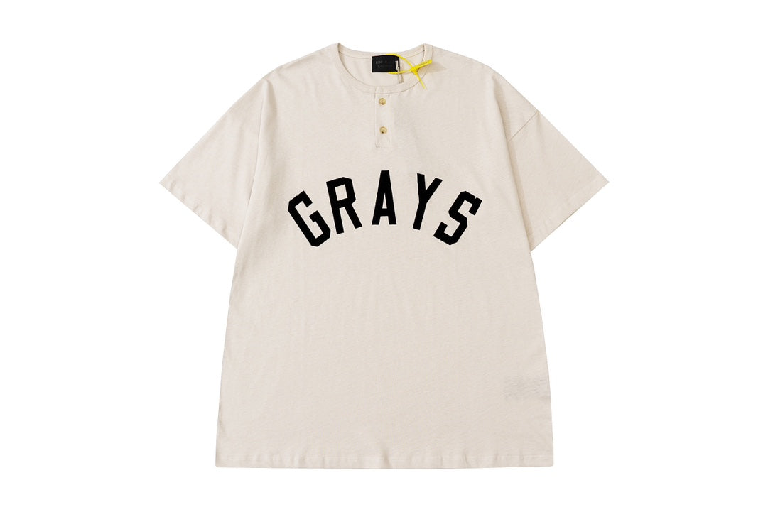 FEAR OF GOD GRAYS Henley collar letter flocking print short T-shirt