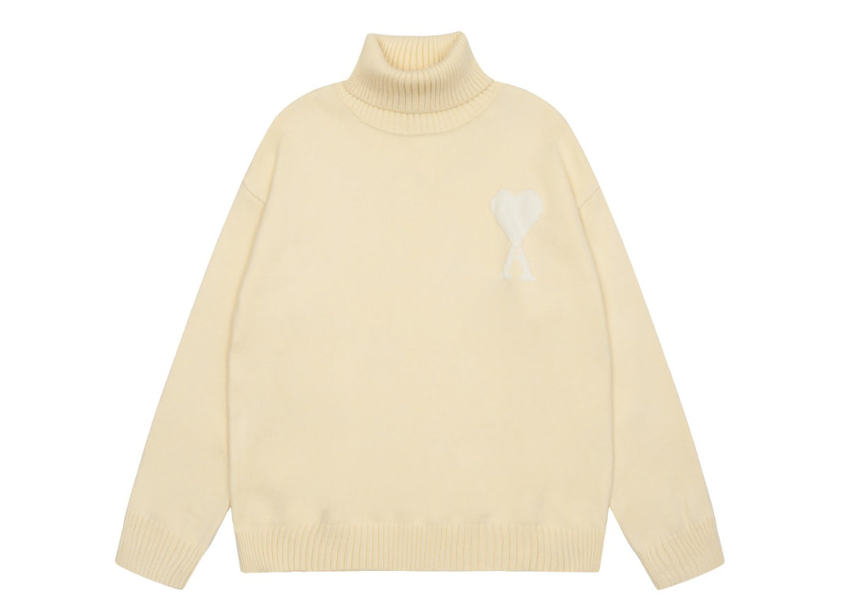 Am1 2024SS classic cream white jacquard big heart turtleneck sweater