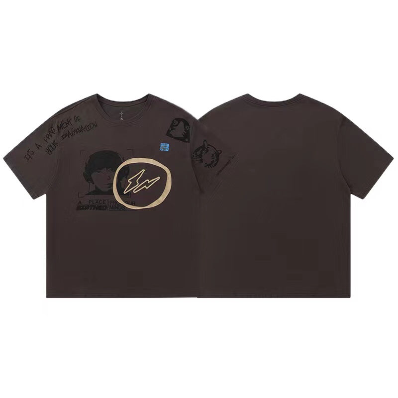 Travis Scott Joint model Hiroshi Fujiwara DJ face printing short sleeves