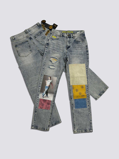 Drew House Smiley Face Digital Picture Sticker Stitching Jeans