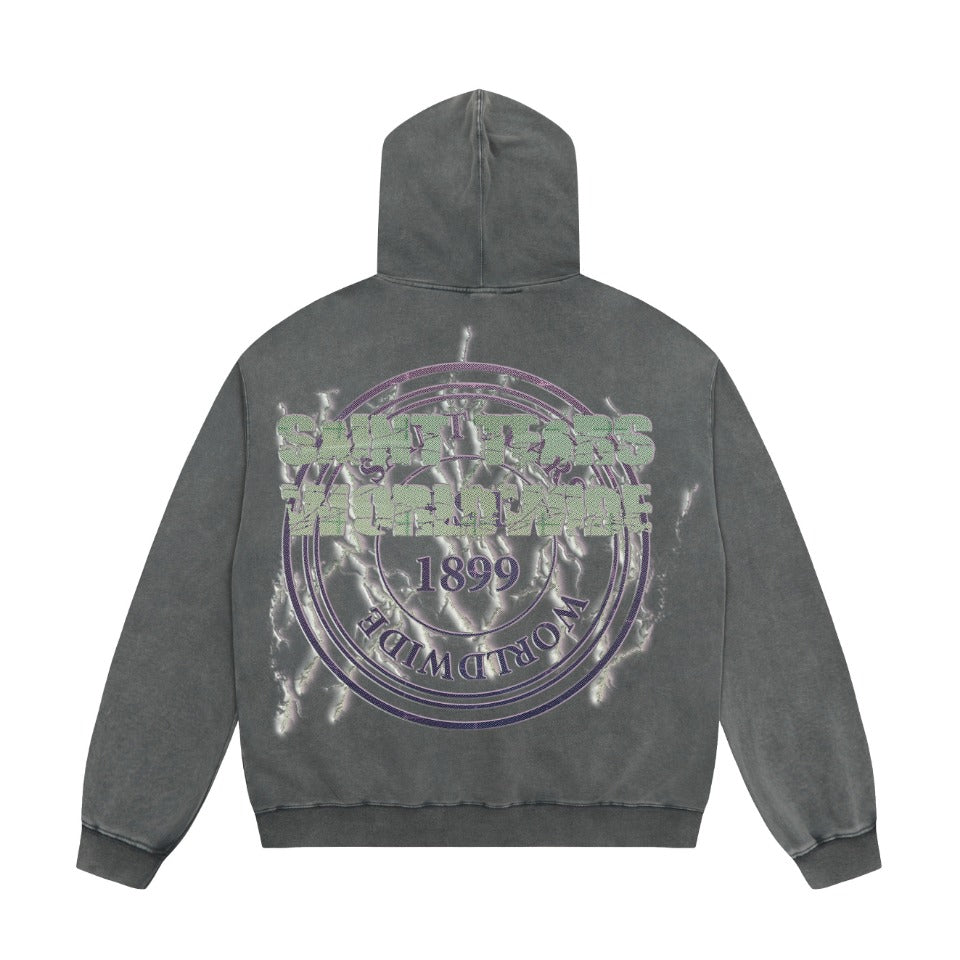 Saint Mich@el tears washed distressed salt-treated 400g heavy-weight vintage terry cloth hoodie in gray