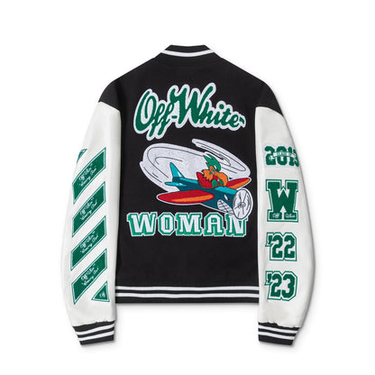 Off-White 2024 Fall/Winter new heavy embroidery patchwork leather varsity jacket in black, unisex 57SFN7QG