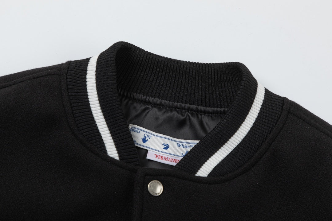 Off-White 2024 Fall/Winter new heavy embroidery patchwork leather varsity jacket in black, unisex 57SFN7QG