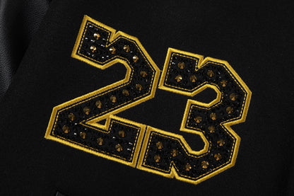 Off-White 2024 Fall/Winter new heavy embroidery rhinestone patchwork leather varsity jacket in black, unisex